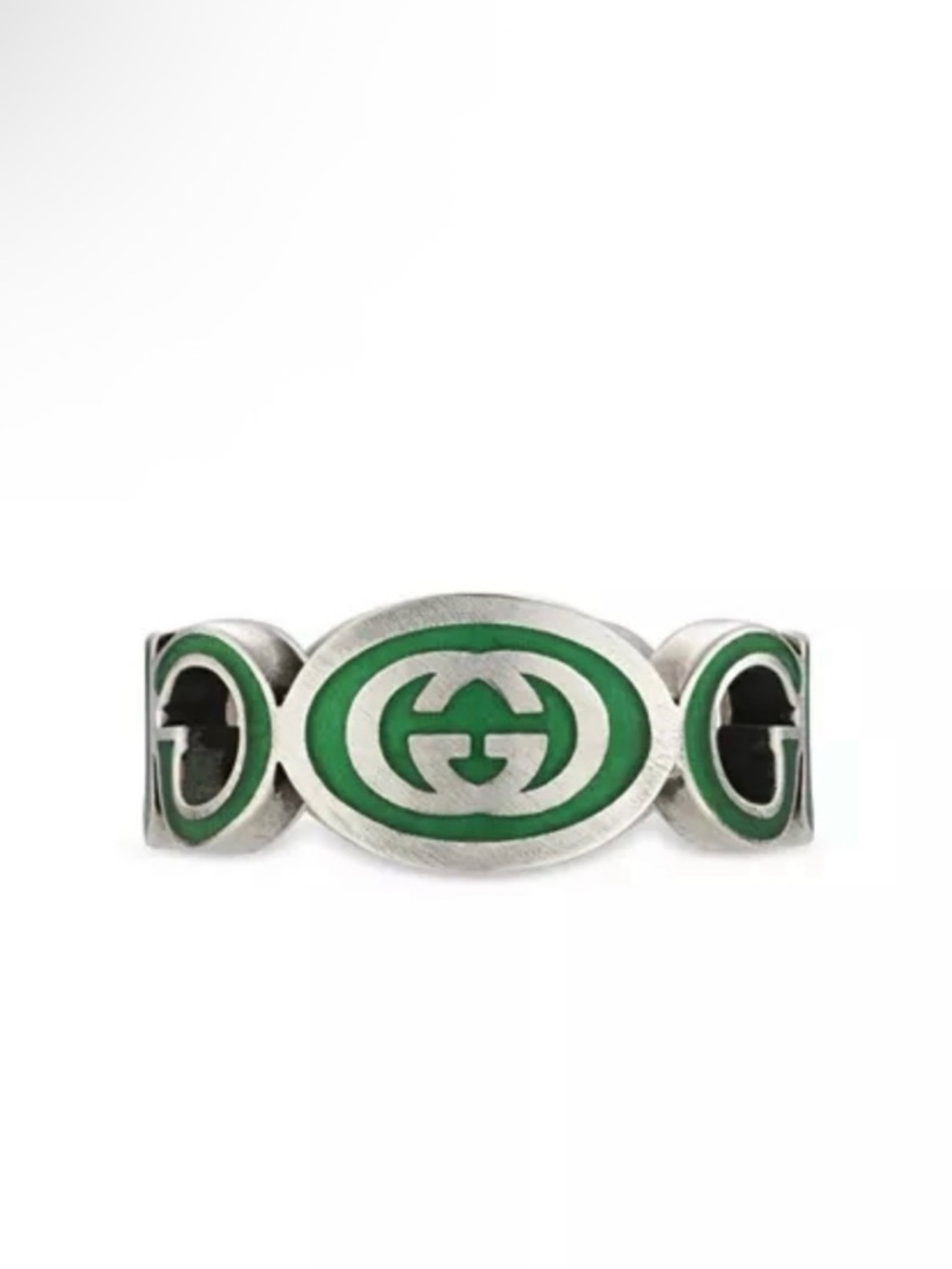 Gucci Sterling Silver Interlocked G Green Enamel Logo Ring - Picture 2 of 8